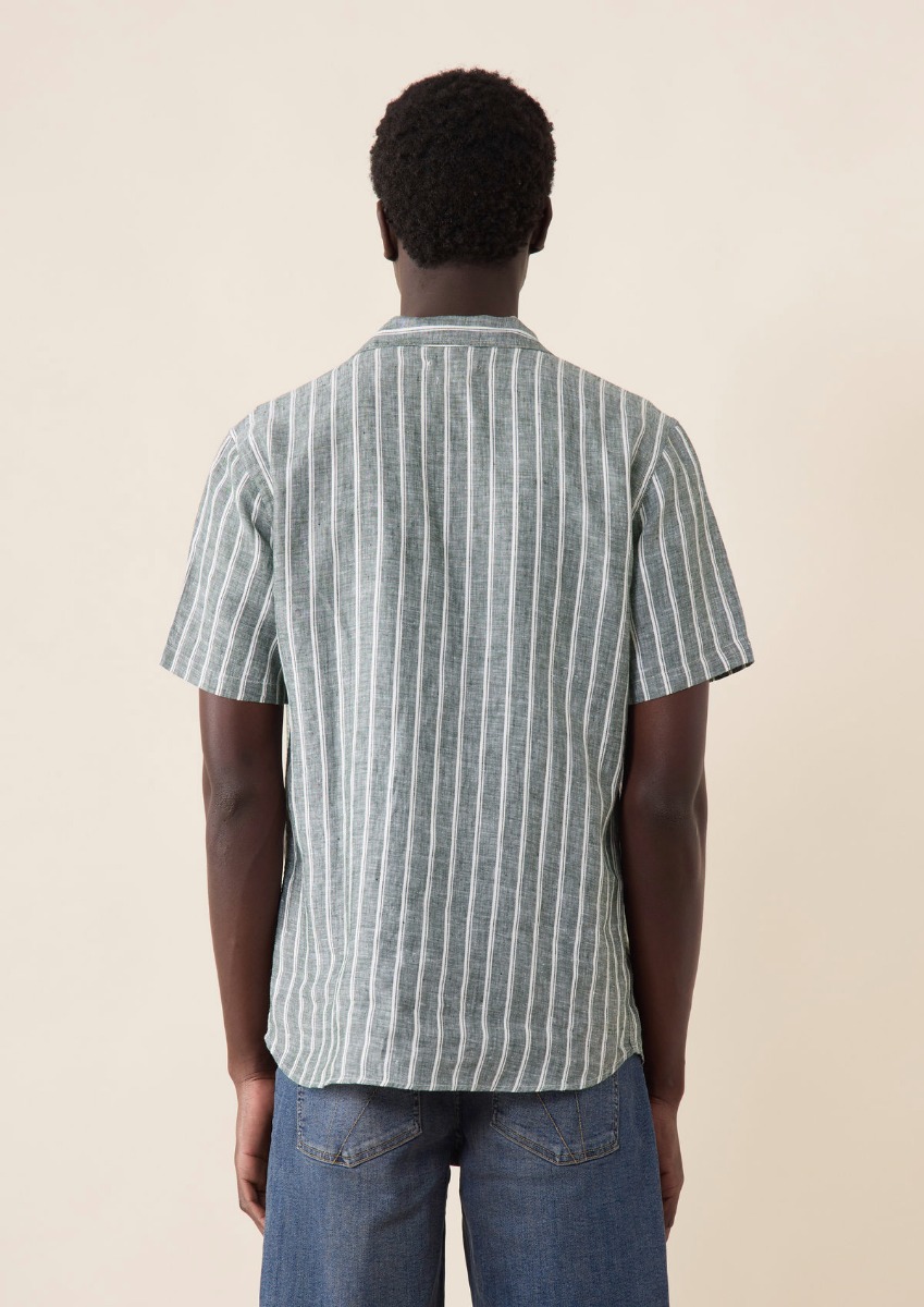 Chemise manches courtes Slim en popeline de lin kaki à rayures blanches