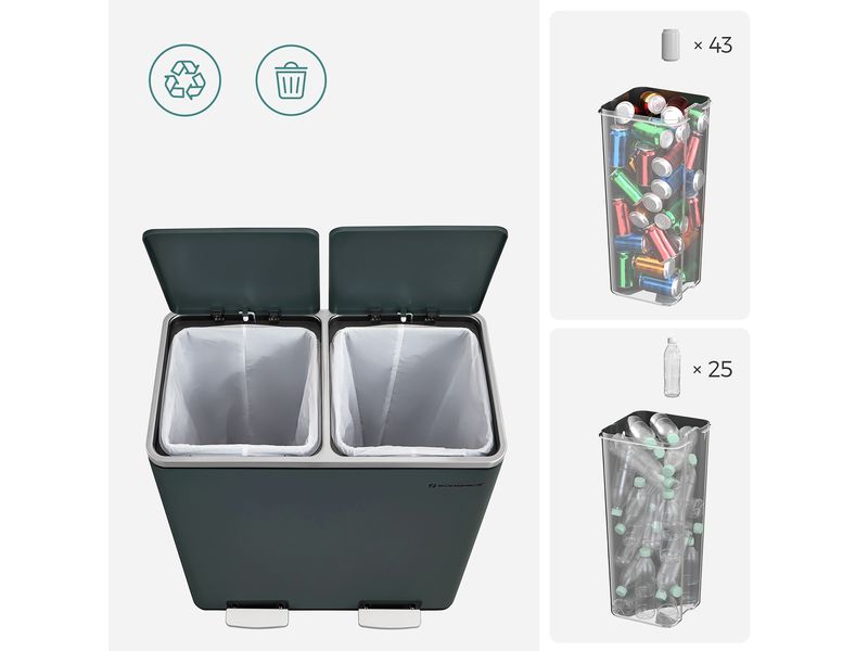 Songmics Abfalleimer 60 l, Grau Treteimer mit zwei Fächern