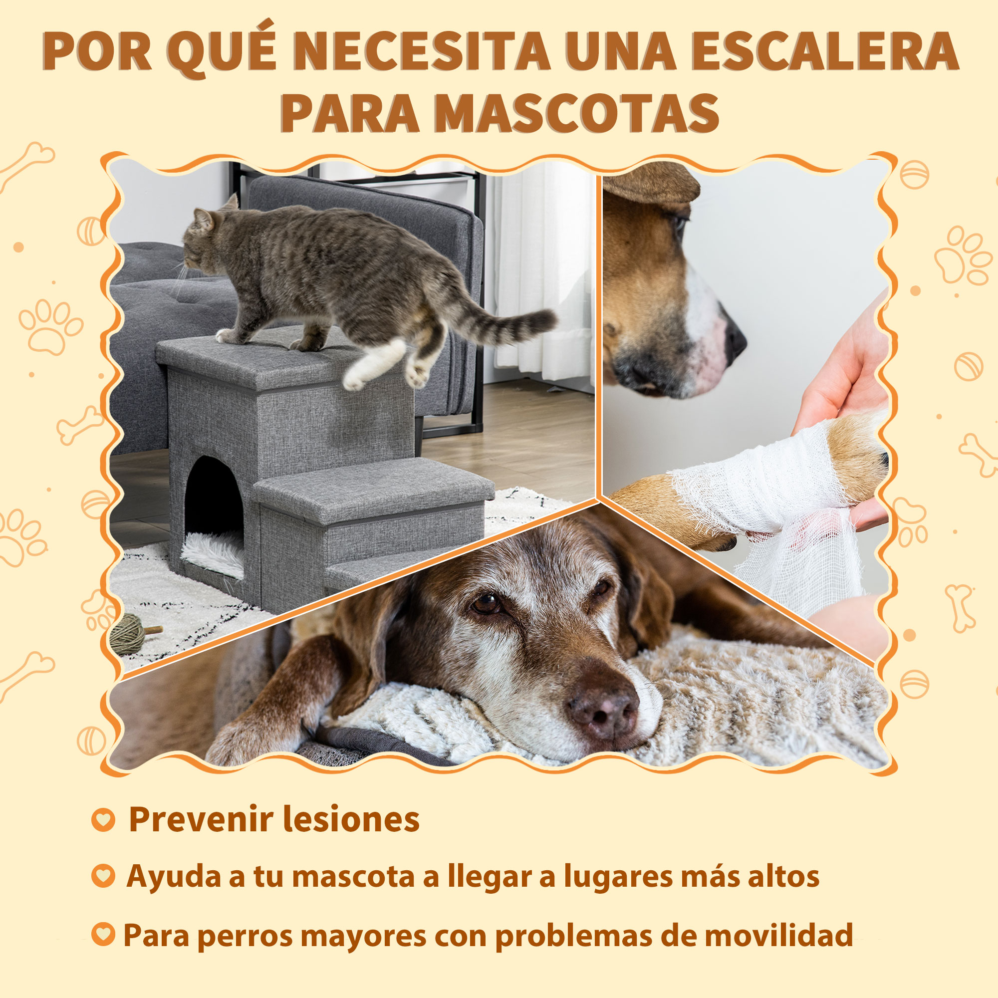 Escada para cães PawHut, rampa de 3 degraus com tampas, 3 caixas de armazenamento, toca e almofada lavável para cama ou sofá, 73,5 x 33 x 40,5 cm, cinza