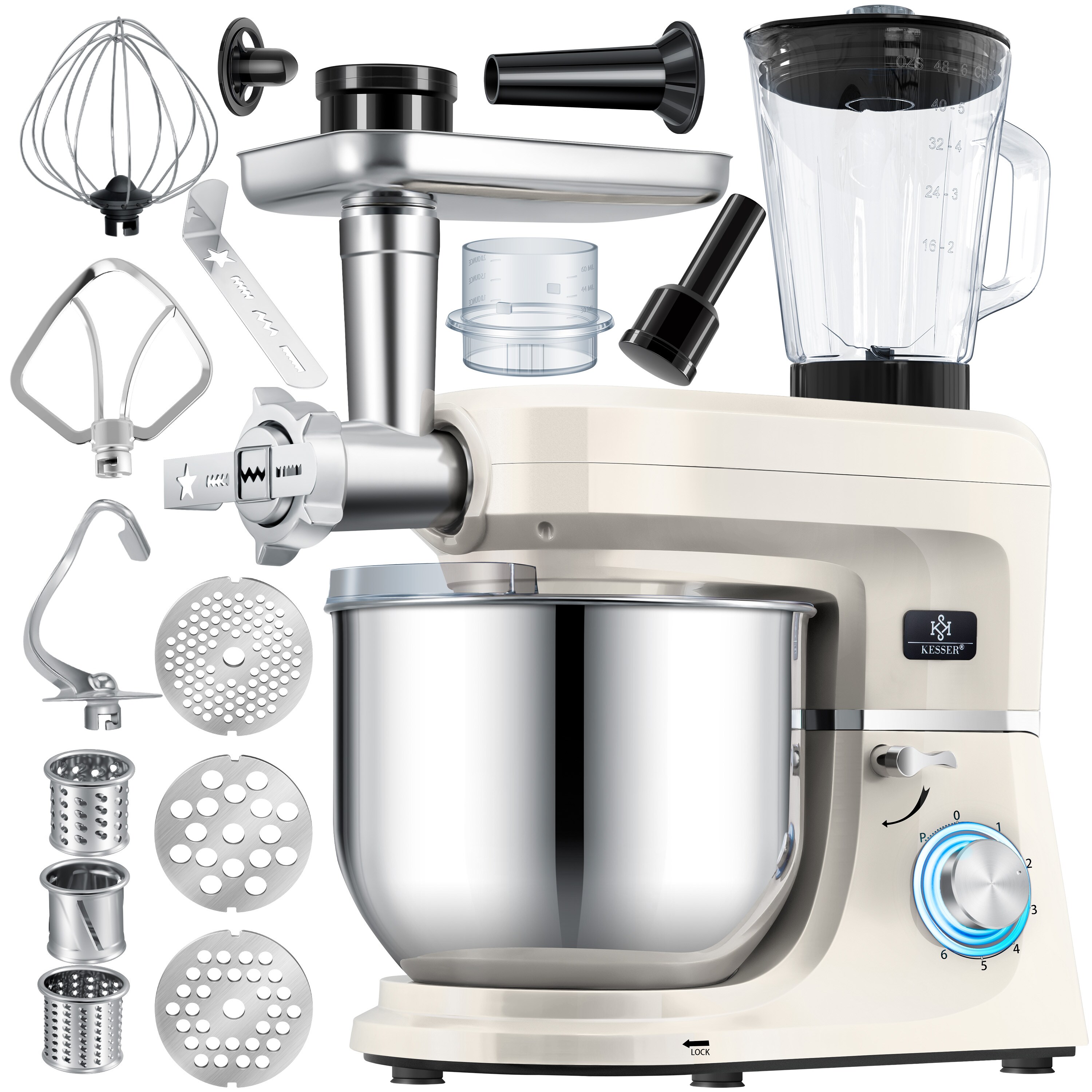 KESSER® 3 in 1 Universal Küchenmaschine K-KM 3000 mit Fleischwolf Knetmaschine Multifuntionale Rührmaschine 5,5L Schüssel mit 3 Rührwerkzeuge 1,5L Entsafter Wurst Set Pasta & Plätzchenformen