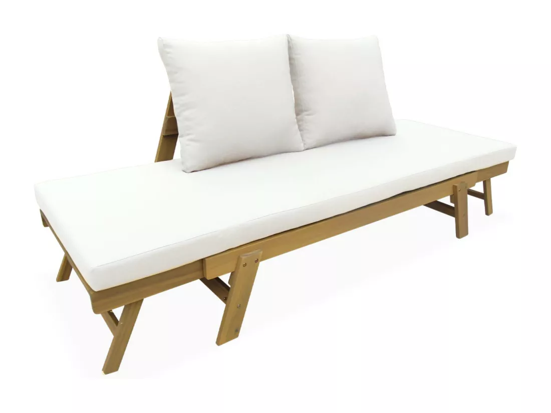Banquette de jardin beige 2/3 places JALANCE. accoudoirs modulables 155/200x72x74.5cm