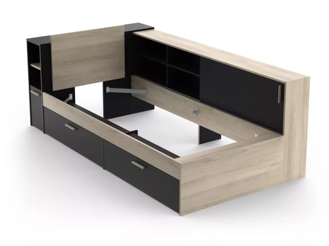 Lit modulable 90 x 190/200 cm avec rangements - Noir et naturel - LIARA