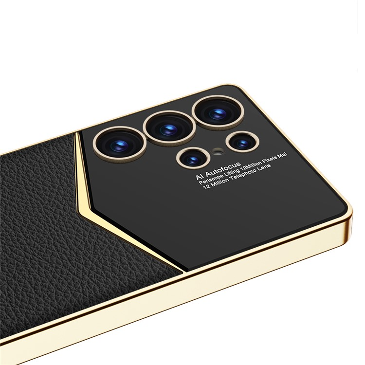 Samsung Galaxy S25 Ultra Leder Hardcase Hülle mit Galvanisiertem Rahmen   Kameraschutz - Gold / Schwarz