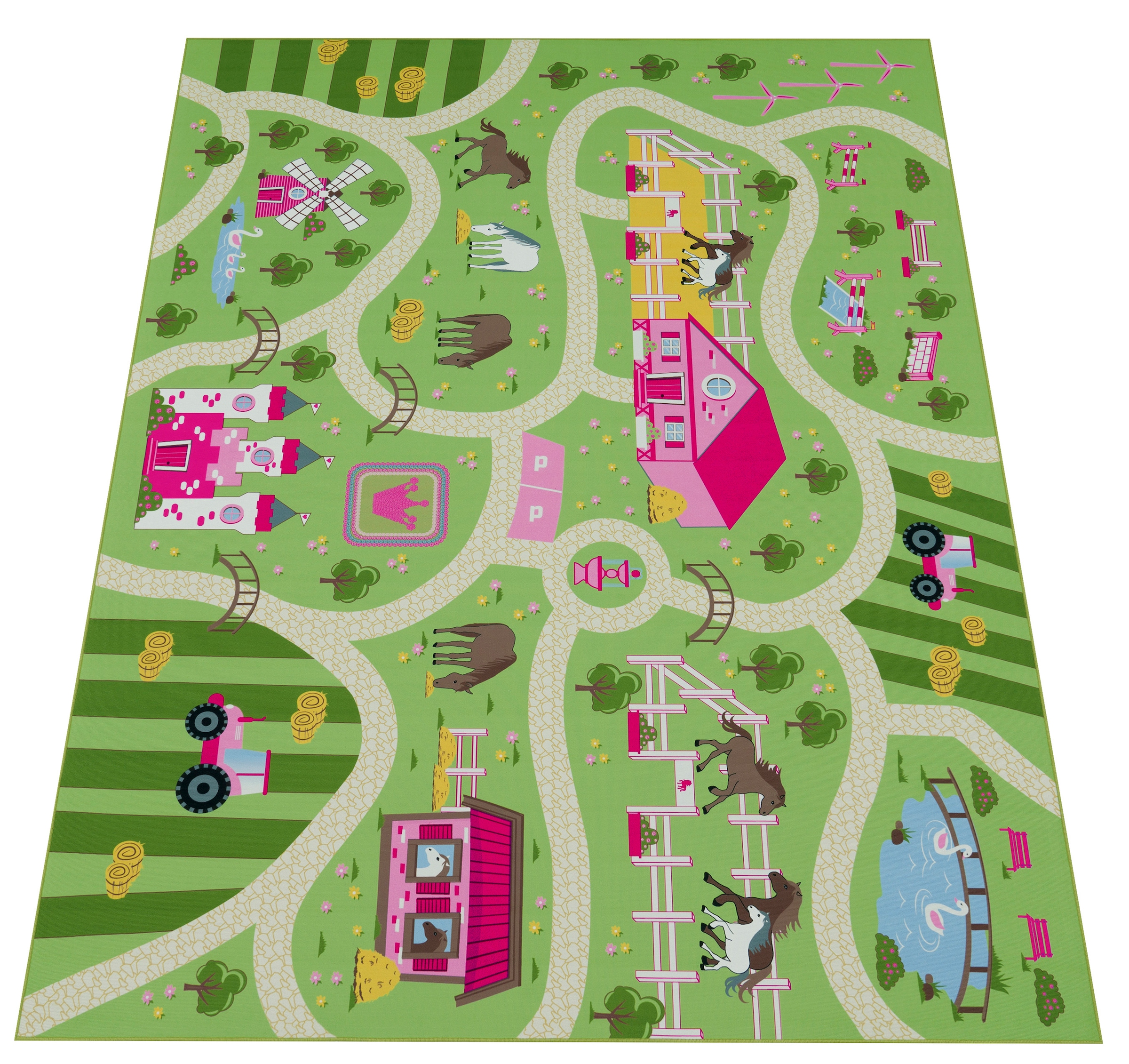 Paco Home Kinderteppich »Bino 560« rechteckig 4 mm Höhe Kurzflor, Strassen-Spiel-Teppich, Motiv Bauernhof, Kinderzimmer