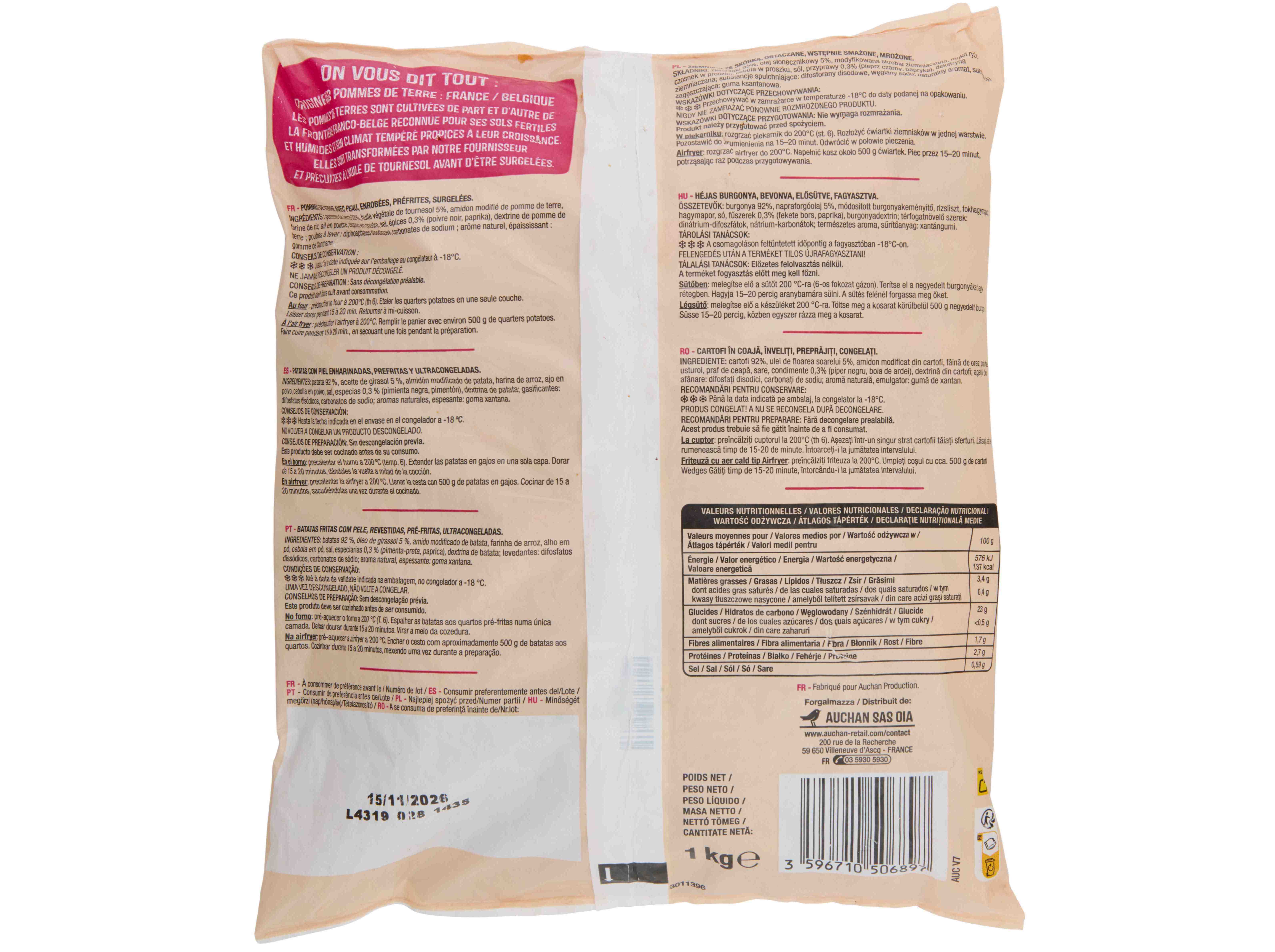 BATATA PRÉ-FRITAS AUCHAN QUARTOS COM PELE PARA FORNO E AIRFRYER 1KG