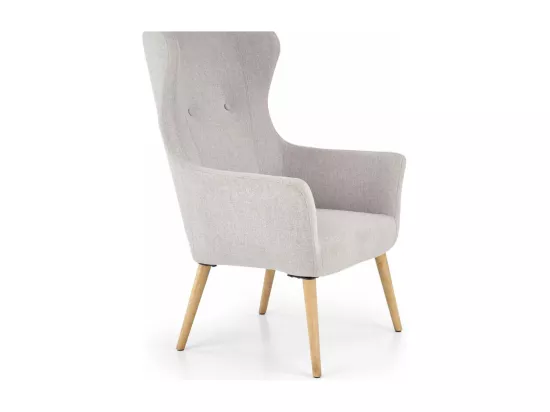 Fauteuil rembourré en tissu gris clair avec dossier haut et pieds en bois de caoutchouc WISH