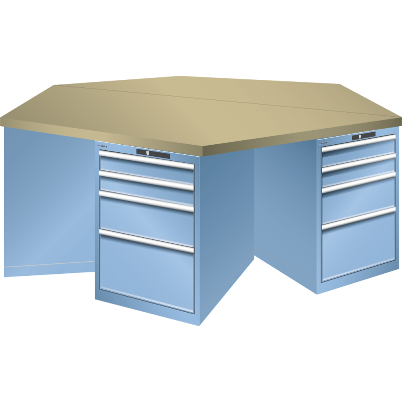 Pôle de 6 établis hexagonaux Lista H 84 x L 250 x P 216, 5 cm, plateau en multiplex, 6 x 4 tiroirs