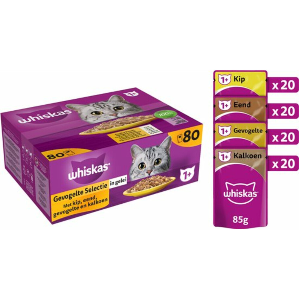 Whiskas 1+ Kattenvoer Natvoer Gevogelte Selectie in Gelei80 x 85 gr