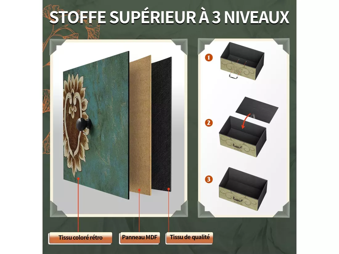 Commode 8 Tiroirs 67.5x30x100cm - Cadre en Métal, Tiroirs avec Poignées en tissu - Motifs Rétros - Noir