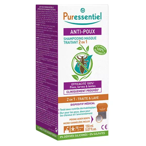 Shampoo e máscara de tratamento 2 em 1 Puressentiel Antipiolhos 150ml + pente
