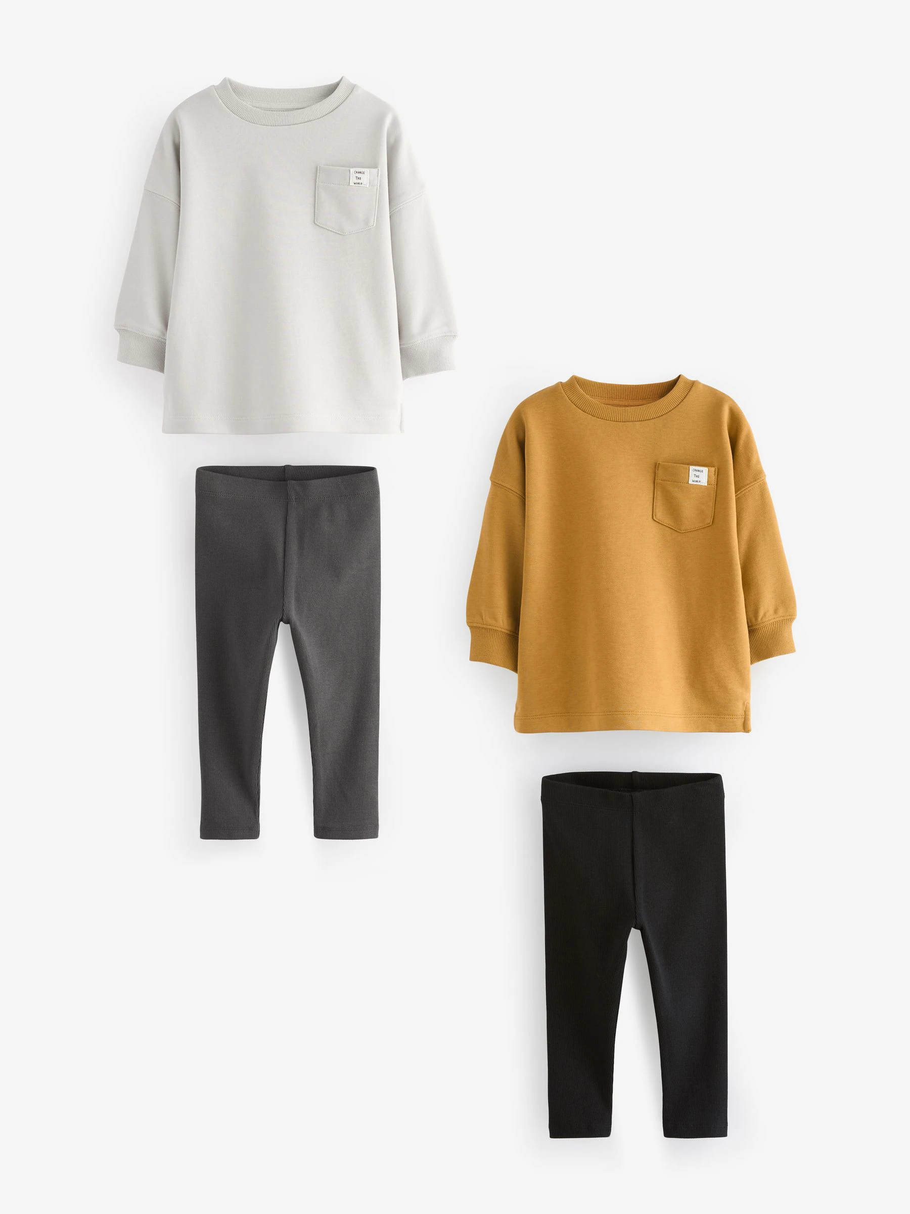 Grijs/okergeel - Set van 2 T-shirts met lange mouwen en leggings (3mnd-7jr)