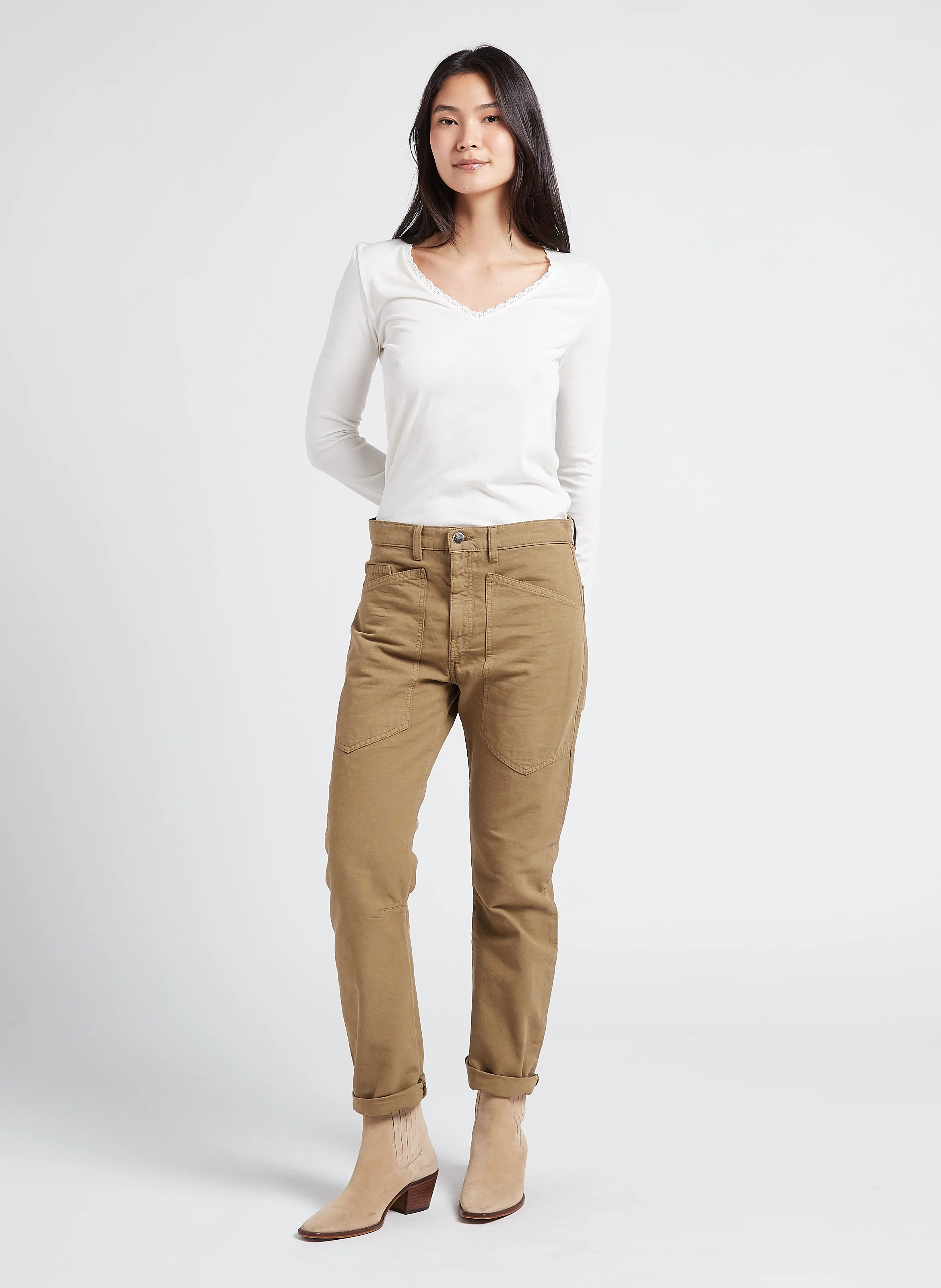 SEAN - Jean droit taille haute en coton | Kaki