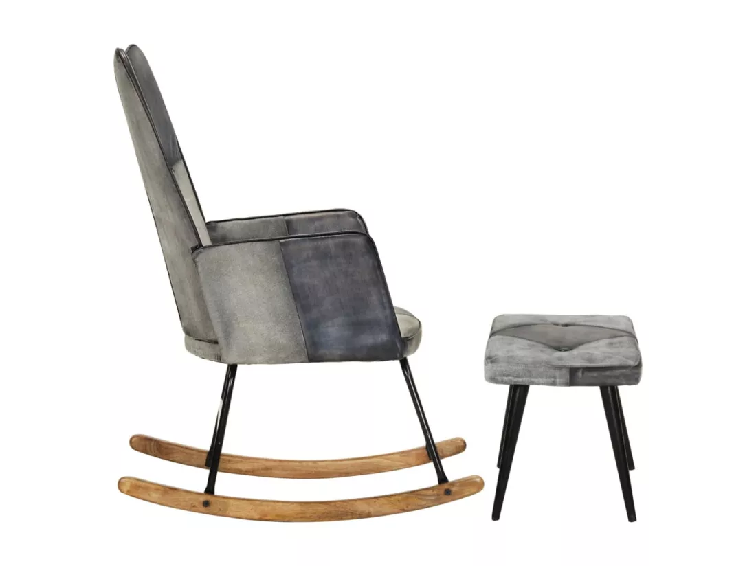 Chaise à bascule et repose-pieds Gris Cuir véritable et toile