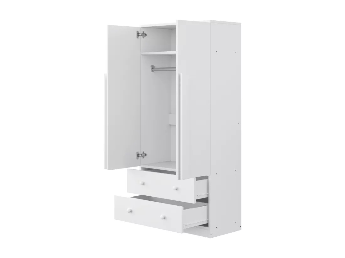 Armoire avec 2 portes et 2 tiroirs - 70 x 40 x 170 cm - Pin + contreplaqué + MDF - Blanc