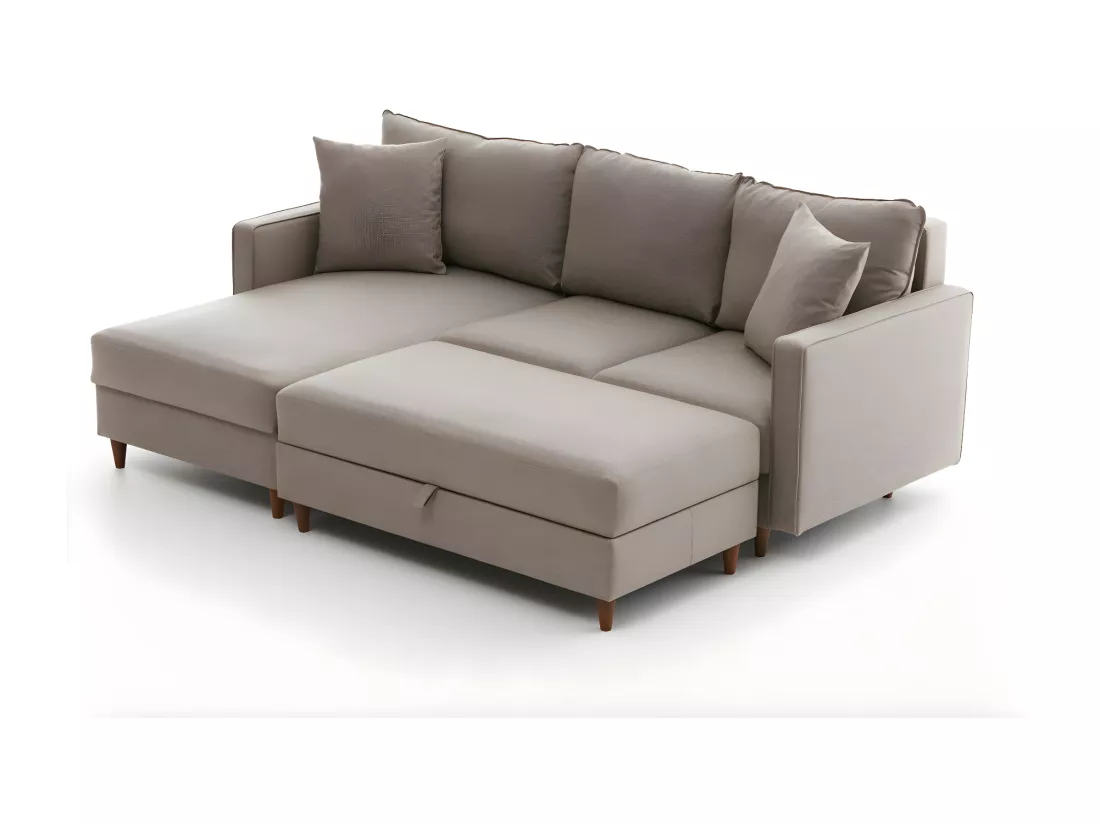 Canapé d'angle à gauche convertible avec pouf-coffre Evania Tissu Taupe