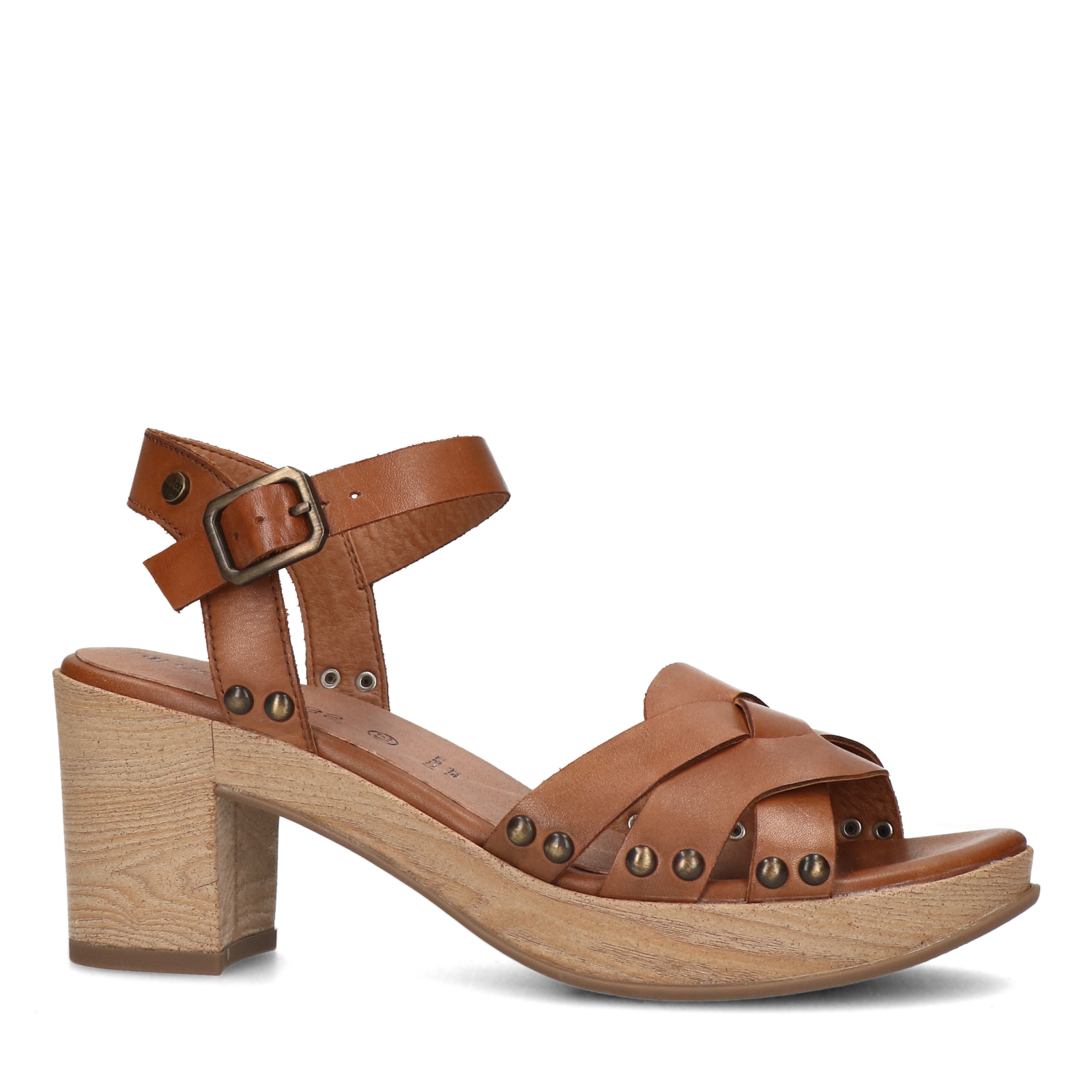 Cognac leren sandalen met blokhak