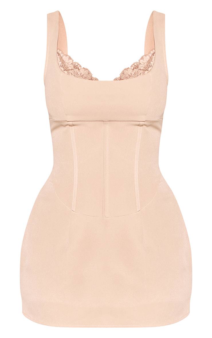 Taupe Robe Mini Moulante À Décolleté Plongeant Et Dentelle Ajourée