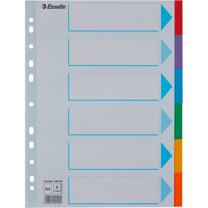 Intercalaires A4 carte colorée Esselte 6 onglets - 1 jeu