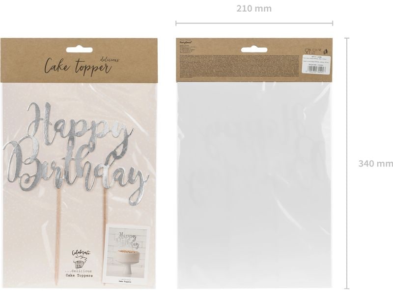 Partydeco Kuchen-Topper Happy Birthday 1 Stück, Silber Eleganter Torten-Topper
