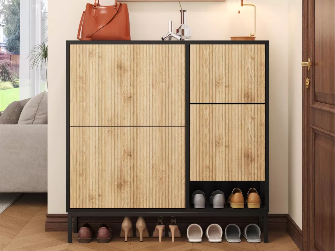 Meuble à chaussures avec banc pliable - 3 portes abattantes - Noir & Naturel