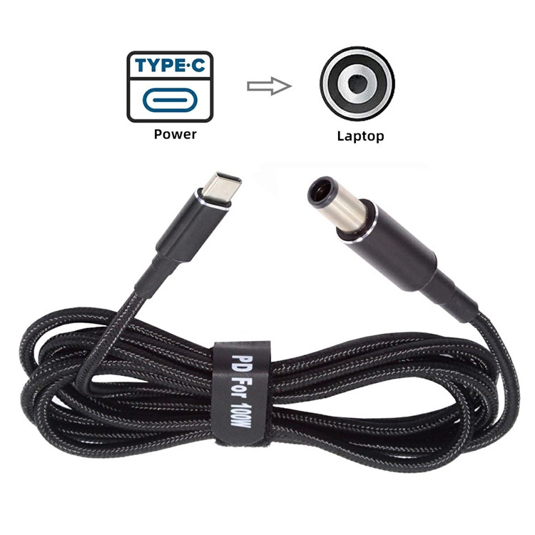 (100W / 180cm) HP Laptop USB C-DC Ladeanschluss Adapter Konverter (4.5x3.0mm) Nylon Geflochtenes Power Delivery Kabel - Schwarz