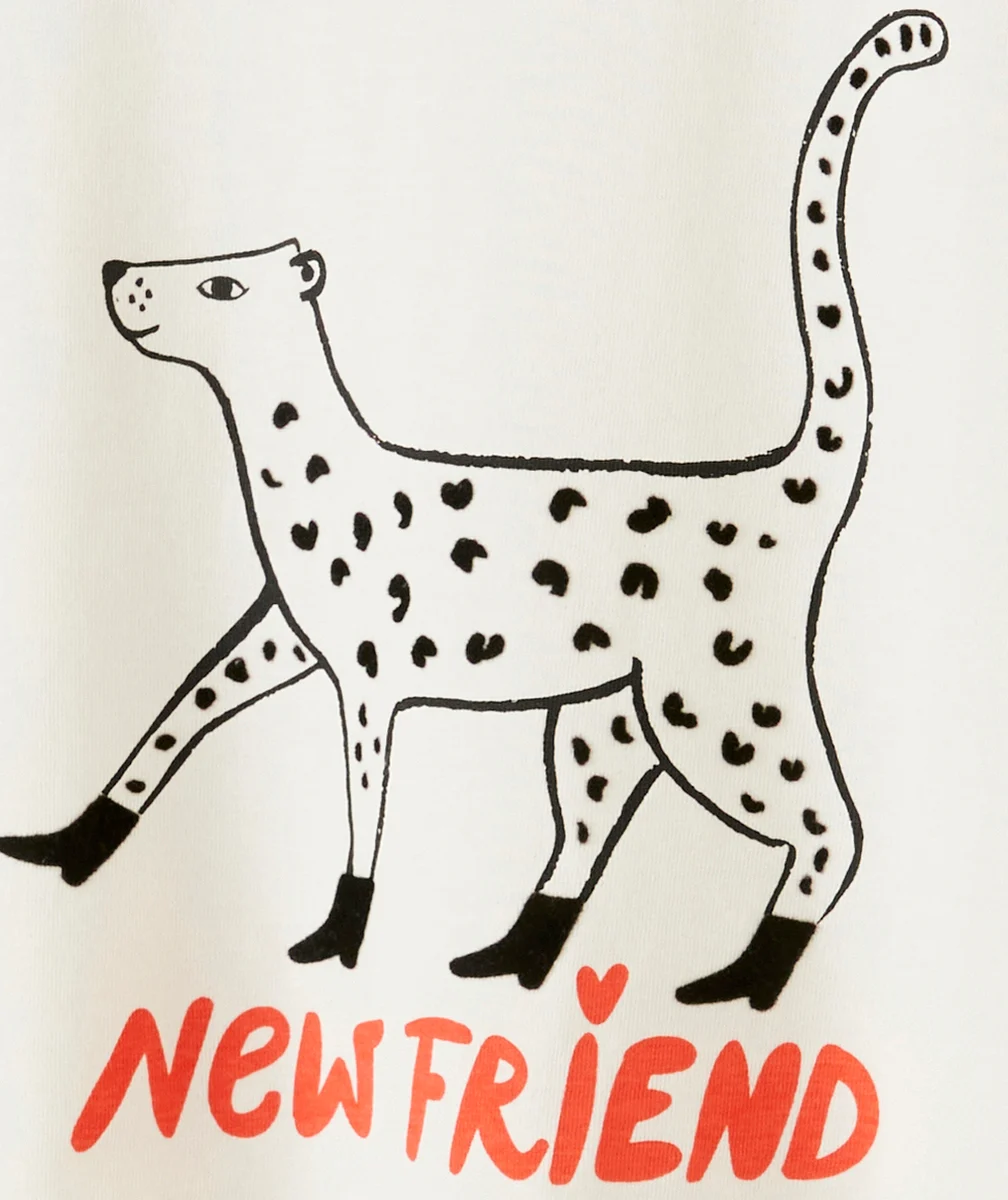 T-SHIRT FILLE EN COTON BIO ÉCRU MOTIF LÉOPARD