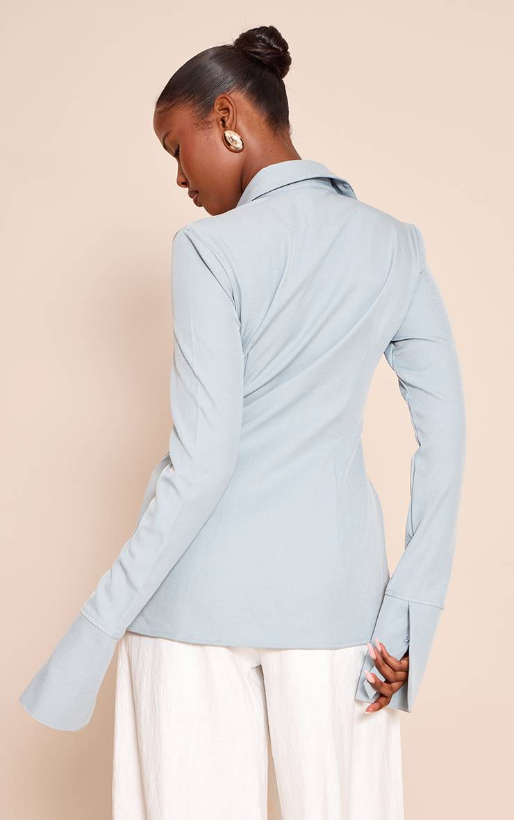 Bleu Ciel Chemise Cintrée Tissée À Fines Rayures