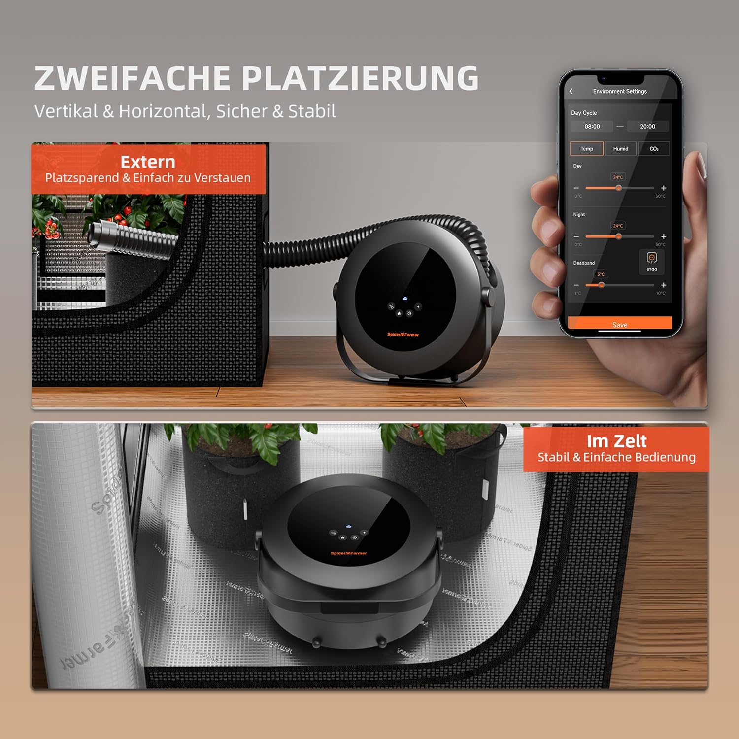 Spider Farmer Heizlüfter,540W Heizung Intelligente Temperaturregelung Energiesparend Leise,4 Modi und 24 Std. Timer, 10-PTC Heizung und Lüftungsrohr, Geeignet für Pflanzenräume und Growzelte