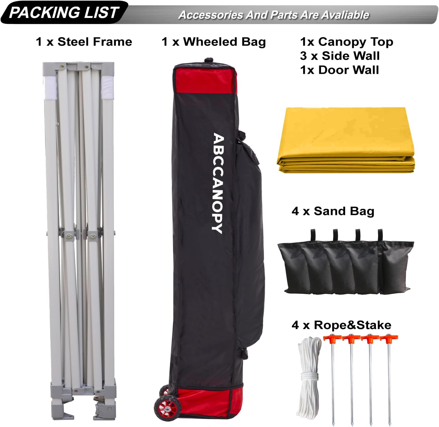 ABCCANOPY Pop-Up-Pavillon mit Seitenteilen und Türwänden, kommerzieller Unterstand, sofortiger Schatten und blockiert Regen, Bonus verbesserte Rolltasche, 4 Gewichtssäcke, Heringe und Seile (Gold)