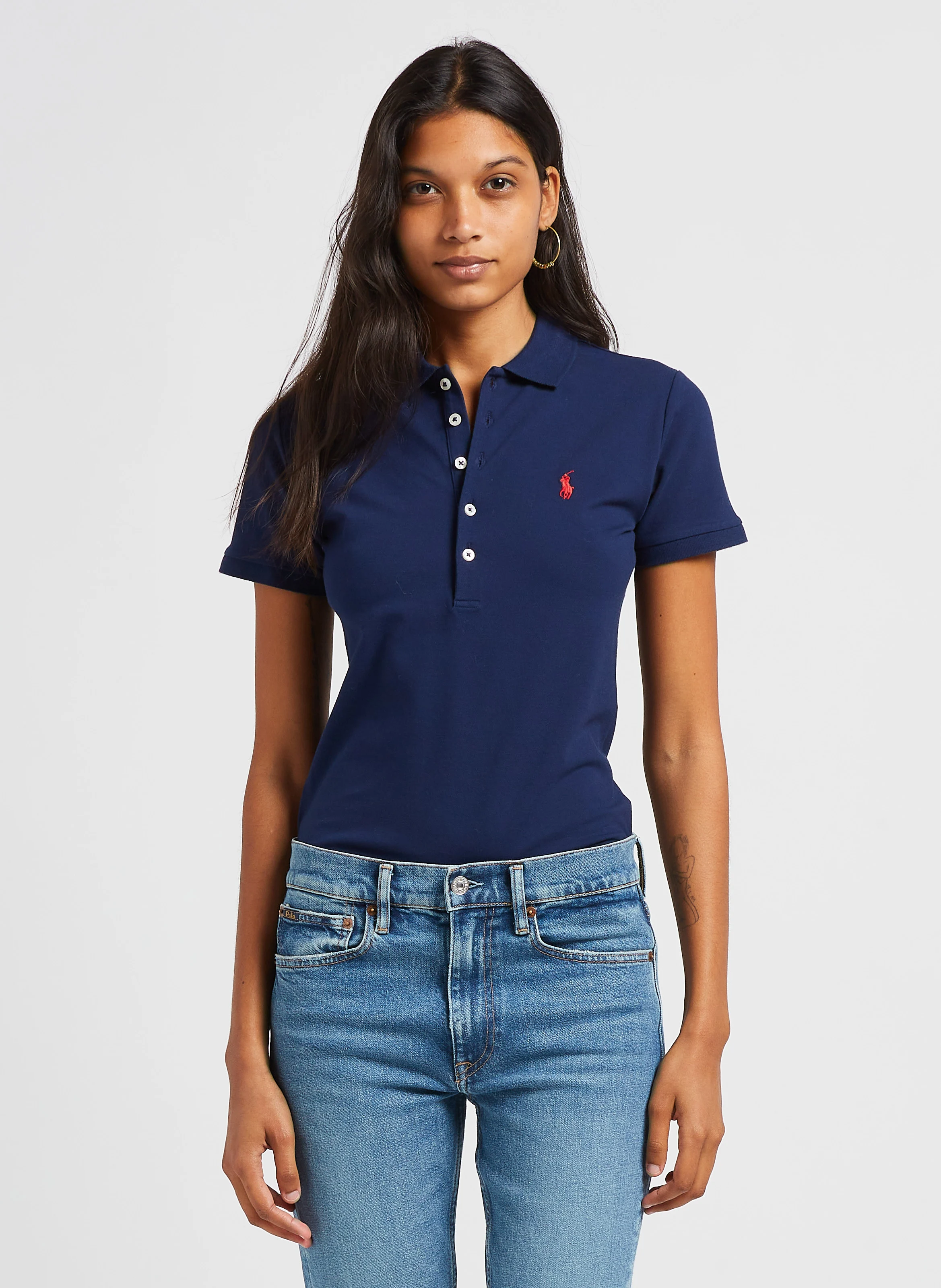 JULIE - Polo brodé en coton stretch | Bleu
