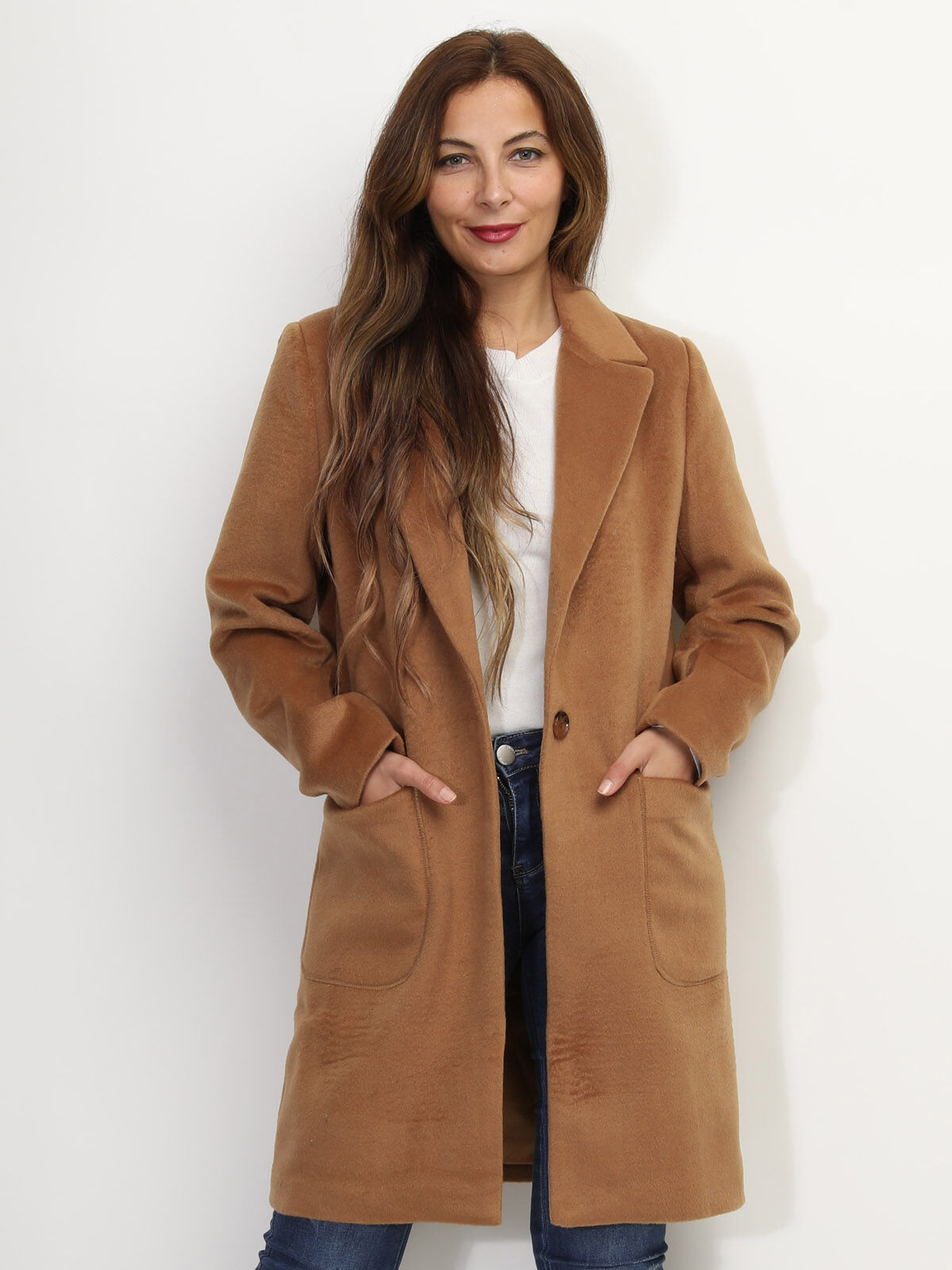 Manteau en laine à col revers- Camel