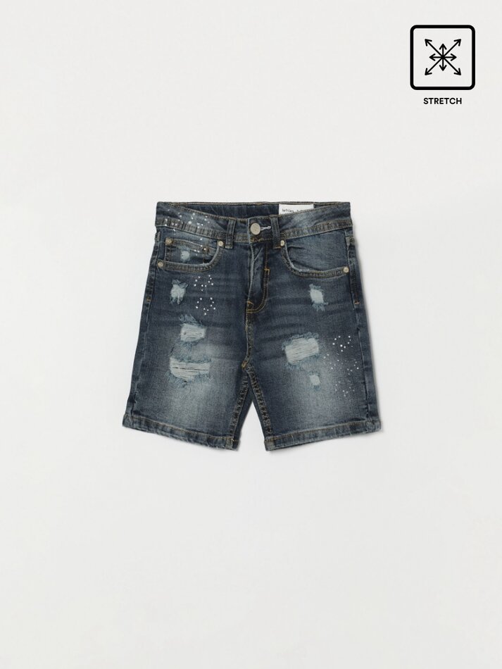 Bermuda jeans com rasgos - Azul Médio