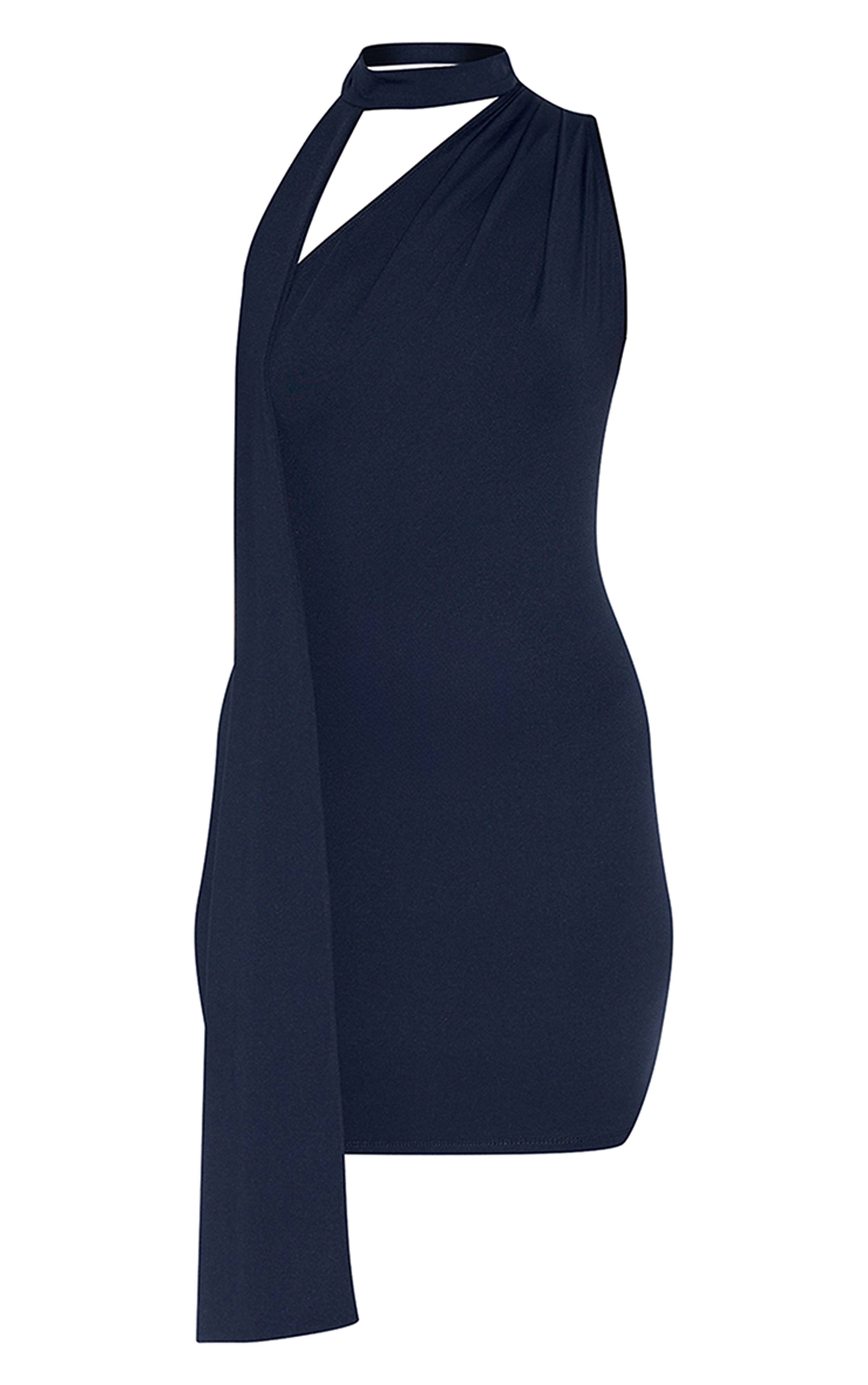 Bleu Marine Robe Mini Asymétrique Drapée Une Épaule En Tissu Doux Au Toucher