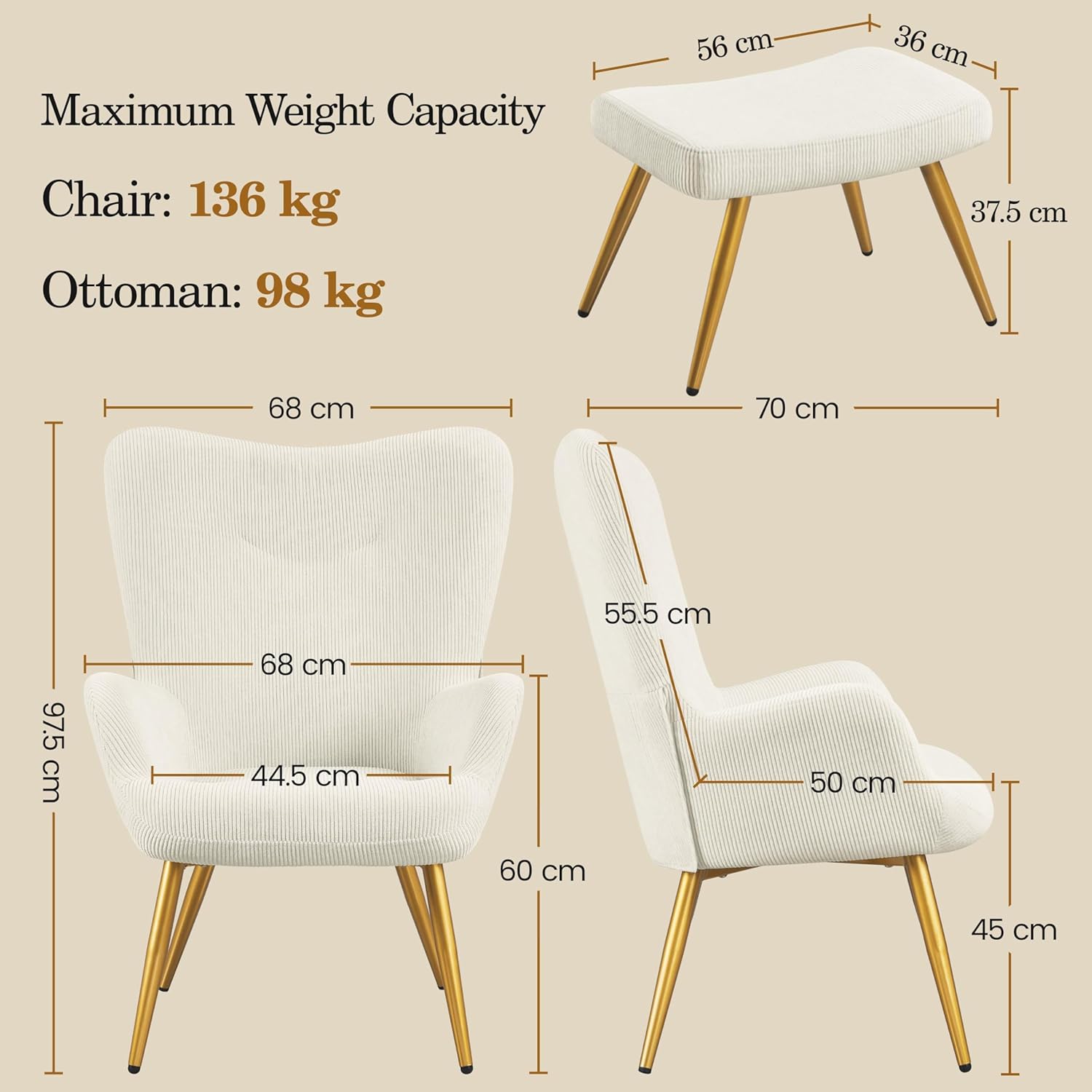 Yaheetech Ohrensessel mit Hocker aus Cordstoff Loungesessel mit Klappbarer Rückenlehne bis 136 kg belastbar Sessel fürs Wohnzimmer/Schlafzimmer Beige