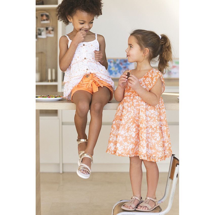 Short en toile uni pour fille - Corail