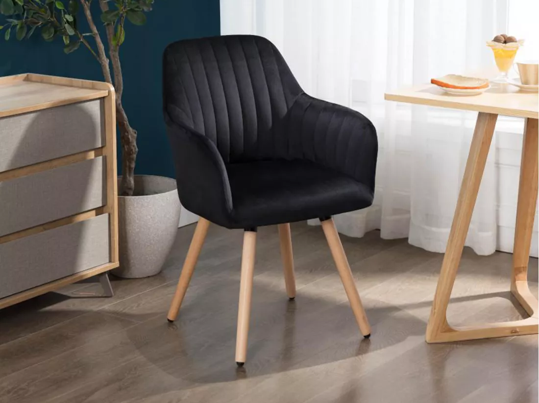 Chaise avec accoudoirs en velours et métal effet bois - Noir - ELEANA