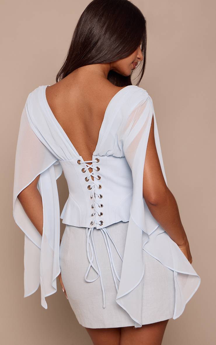 Bleu Poudré Haut Petite En Mousseline À Manches Drapées Et Taille Corset