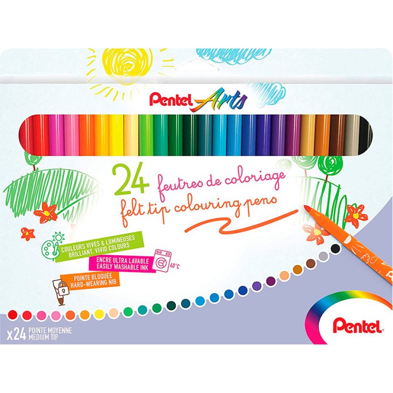 Boite de 24 feutres de coloriage pental encre ultra  lavable pointe moyenne 3,9mm