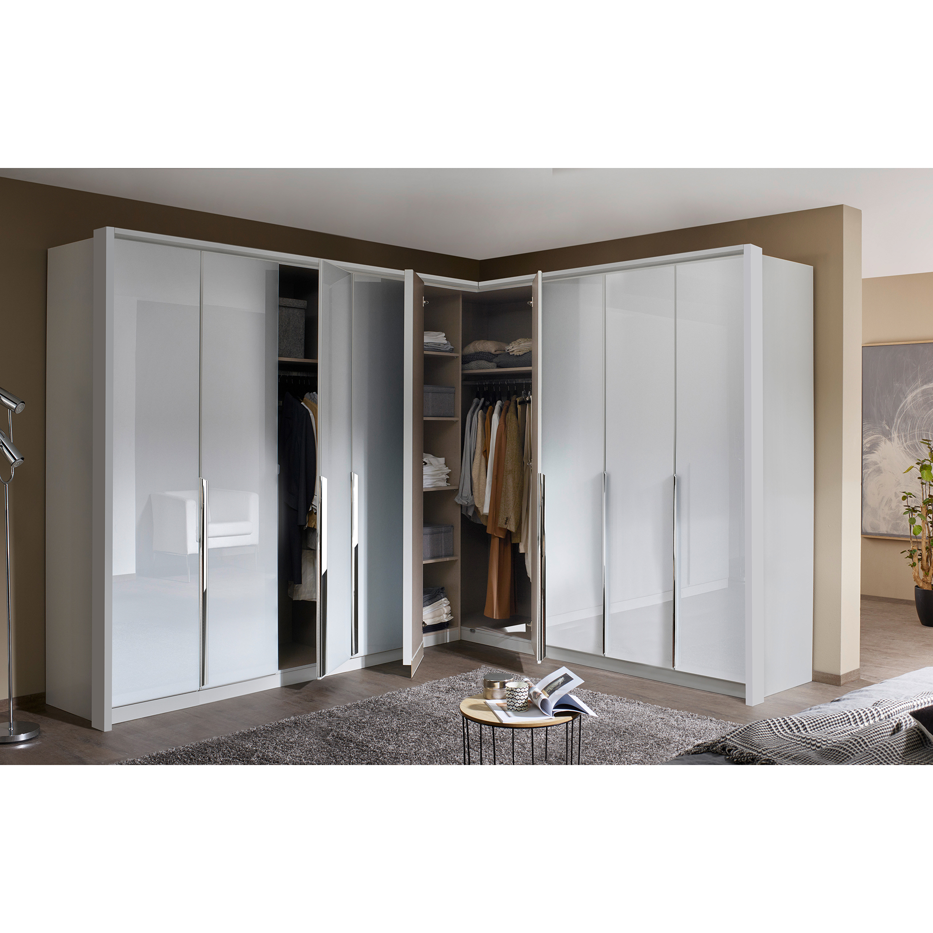 Drehtürenschrank - seidengrau - Glasfronten - 3-türig - 136x229 cm