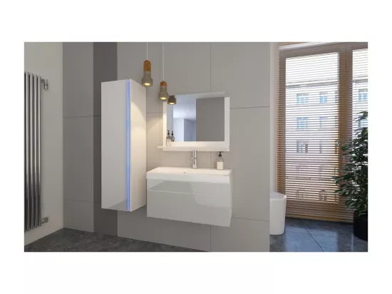 Ensemble meubles de salle de bain collection BIRD, coloris blanc mat et brillant avec une colonne