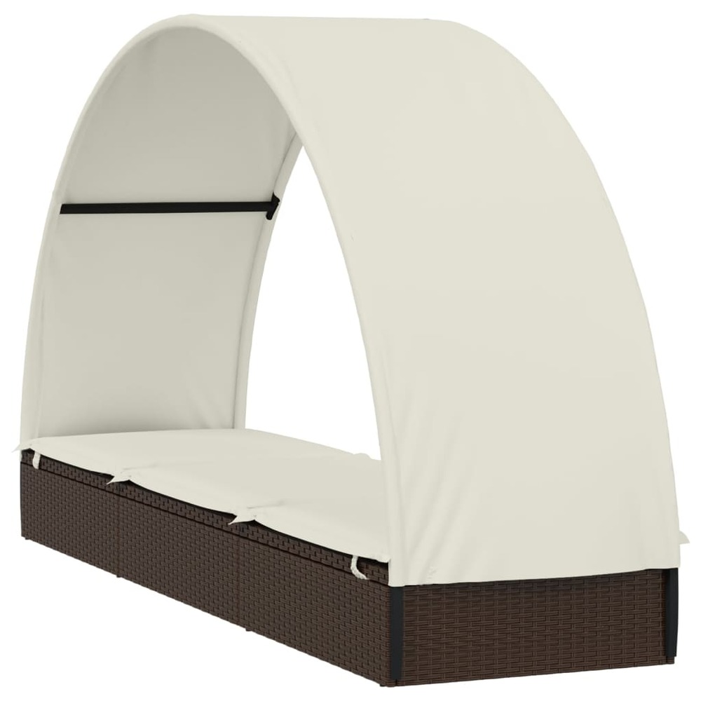 Transat chaise longue bain de soleil lit de jardin terrasse meuble d'extérieur avec toit rond marron 211x57x140cm résine tres