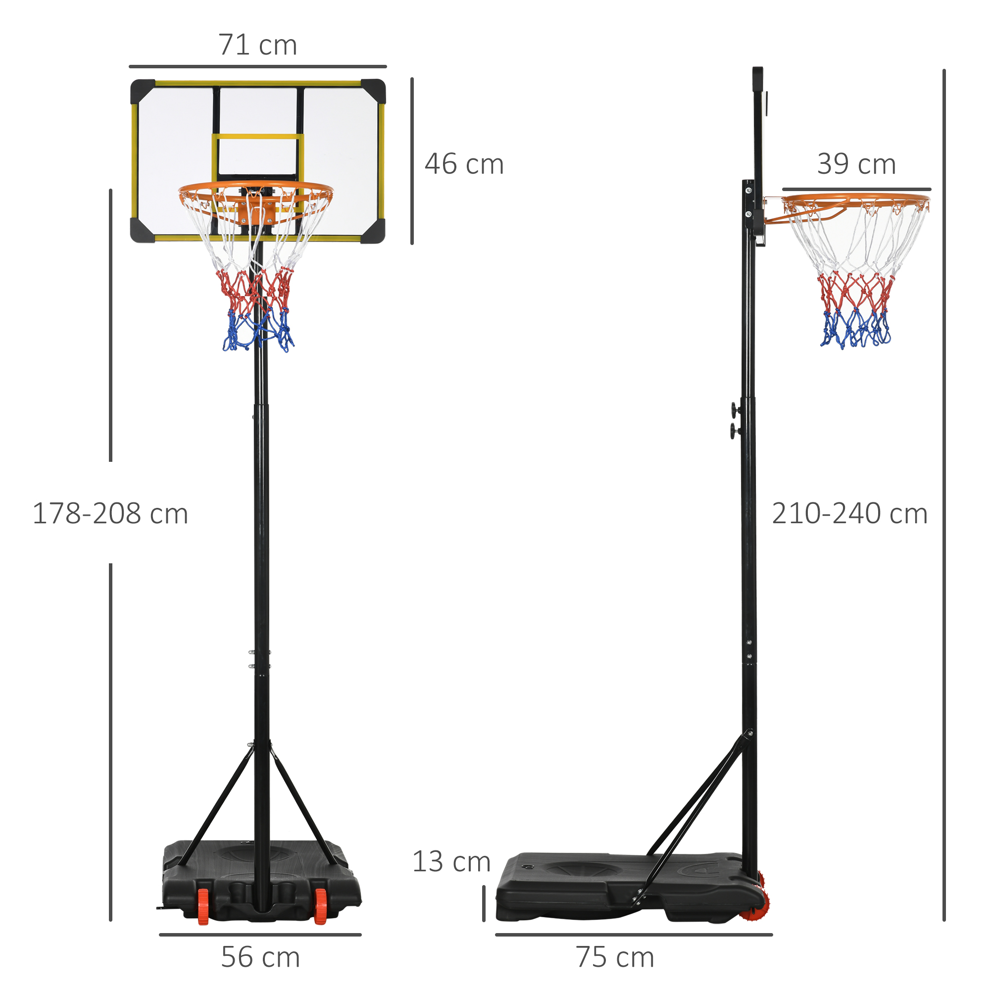 Cesta de basquete amarela ajustável SPORTNOW para uso interno e externo.