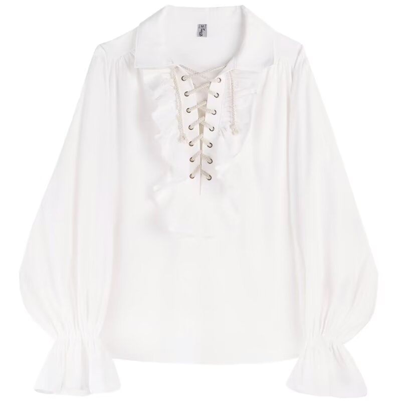 JUN.LEE - Pofmouw effen geplooid veterblouse