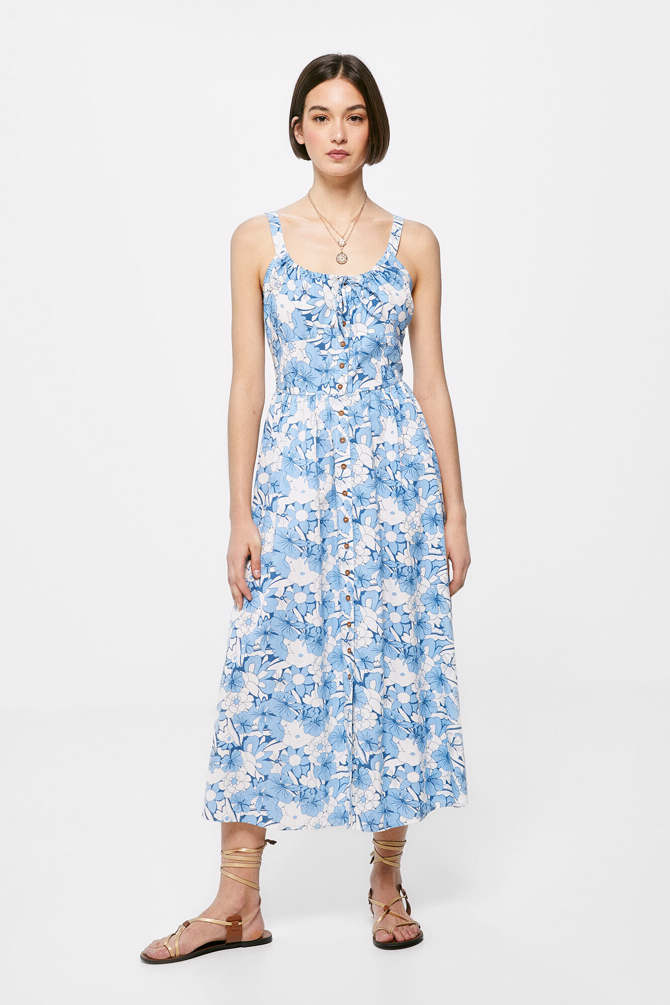 Vestido midi corset em linho e algodão - Azul claro