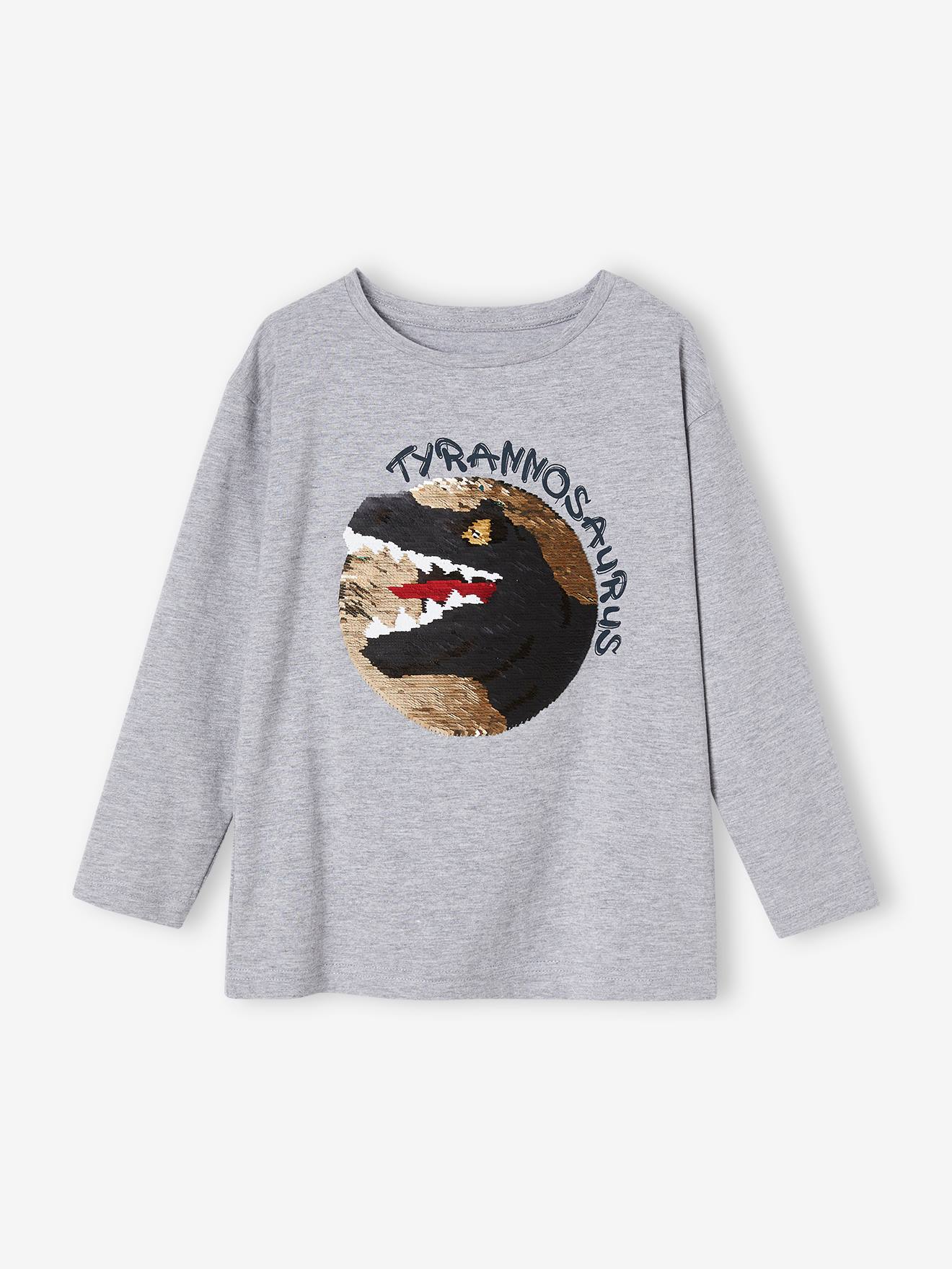 Camiseta infantil masculina lisa cinza-escura com lantejoulas reversíveis de astronauta.