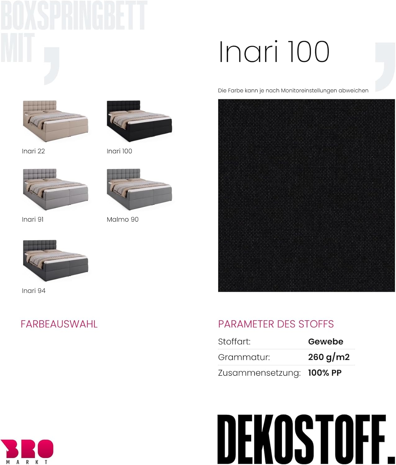 BROMARKT Boxspringbett mit Bettkasten Polsterbett mit Bonell-Matratze und Topper Bett für Schlafzimmer gepolstertes Kopfteil Dakota bonellfedern 160x200 Härtegrad H3 Schwarz