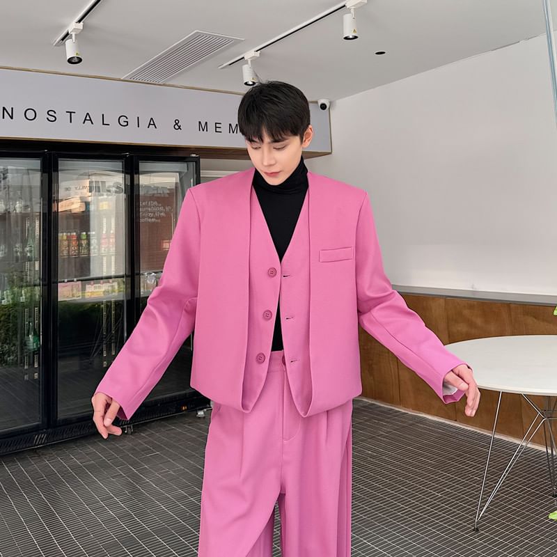 Freehop - V-hals effen enkelrijs blazer / hoge taille wijde broek
