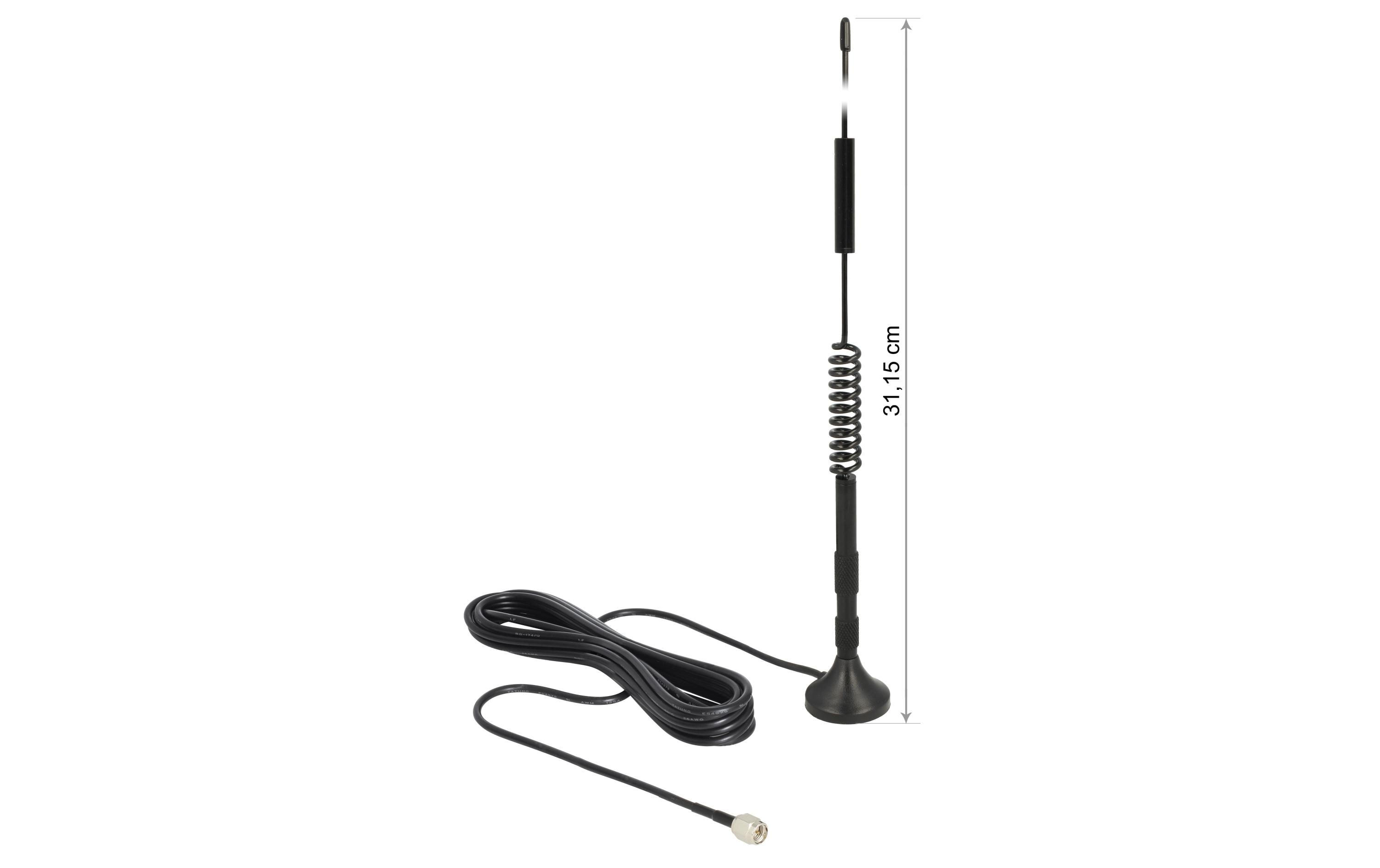 LTE/LoRA-Antenne SMA 0.8-2.1GHz 32 cm SMA 5 dBi RundstrahlDelock LTE Antenne SMA Stecker 5 dBi starr omnidirektional mit magnetischem Standfuss und Anschlusskabel RG-174 3 m outdoor schwarz