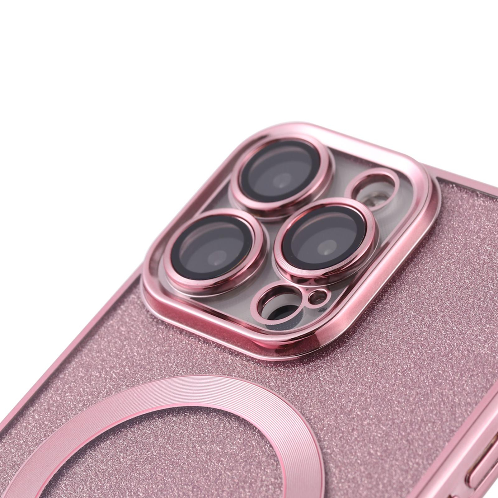 iPhone 13 Pro MagSafe Gummi Case Hülle mit Acryl Kameraglasschutz im Glitzer Design - Rosa / Transparent
