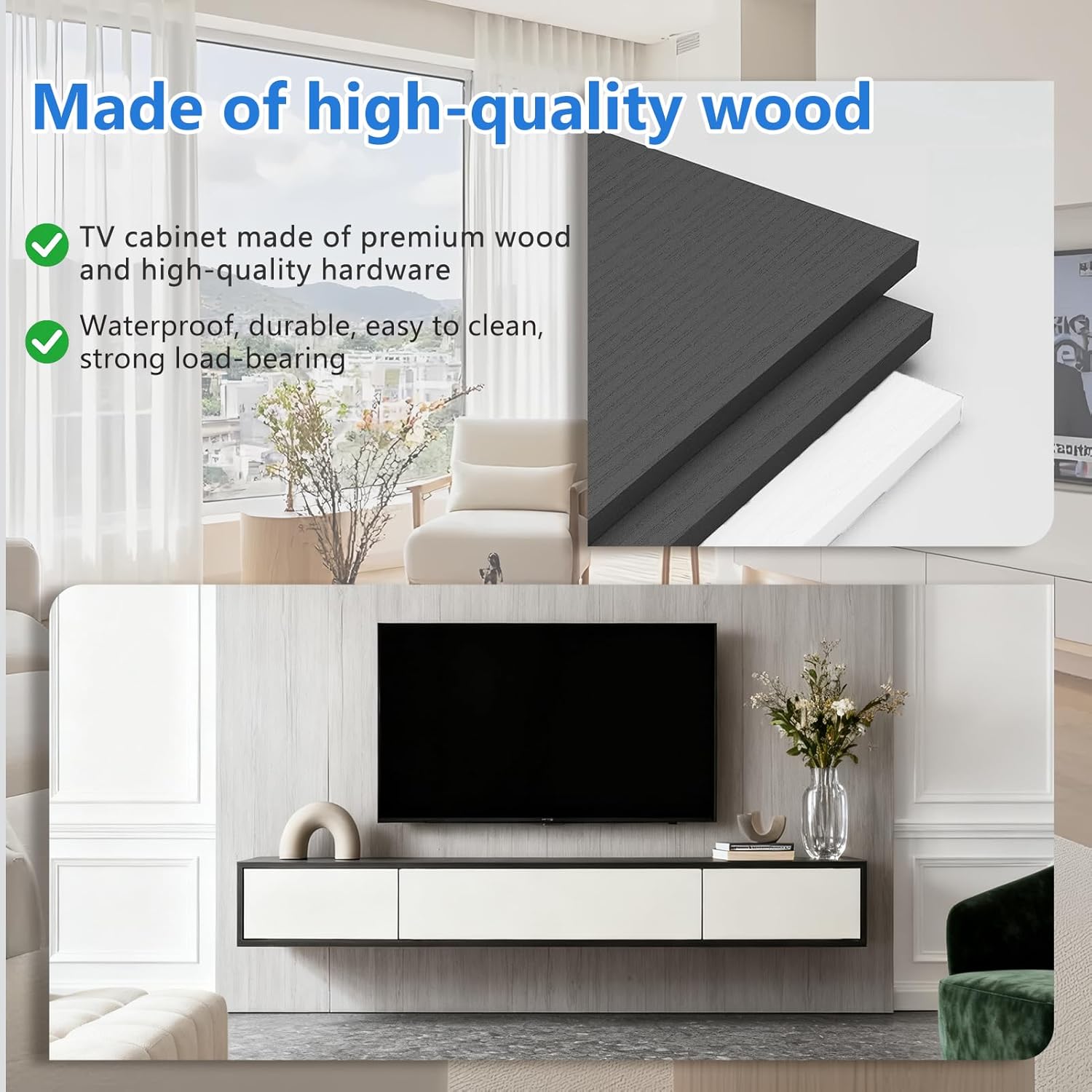 TV Lowboard Hängend 160cm, TV Schrank Hängend mit 3 Stauraum, Fernsehschrank Holz, Grifflose Design, Viel Stauraum, Schwebender TV Cabinet für Wohnzimmer und Schlafzimmer